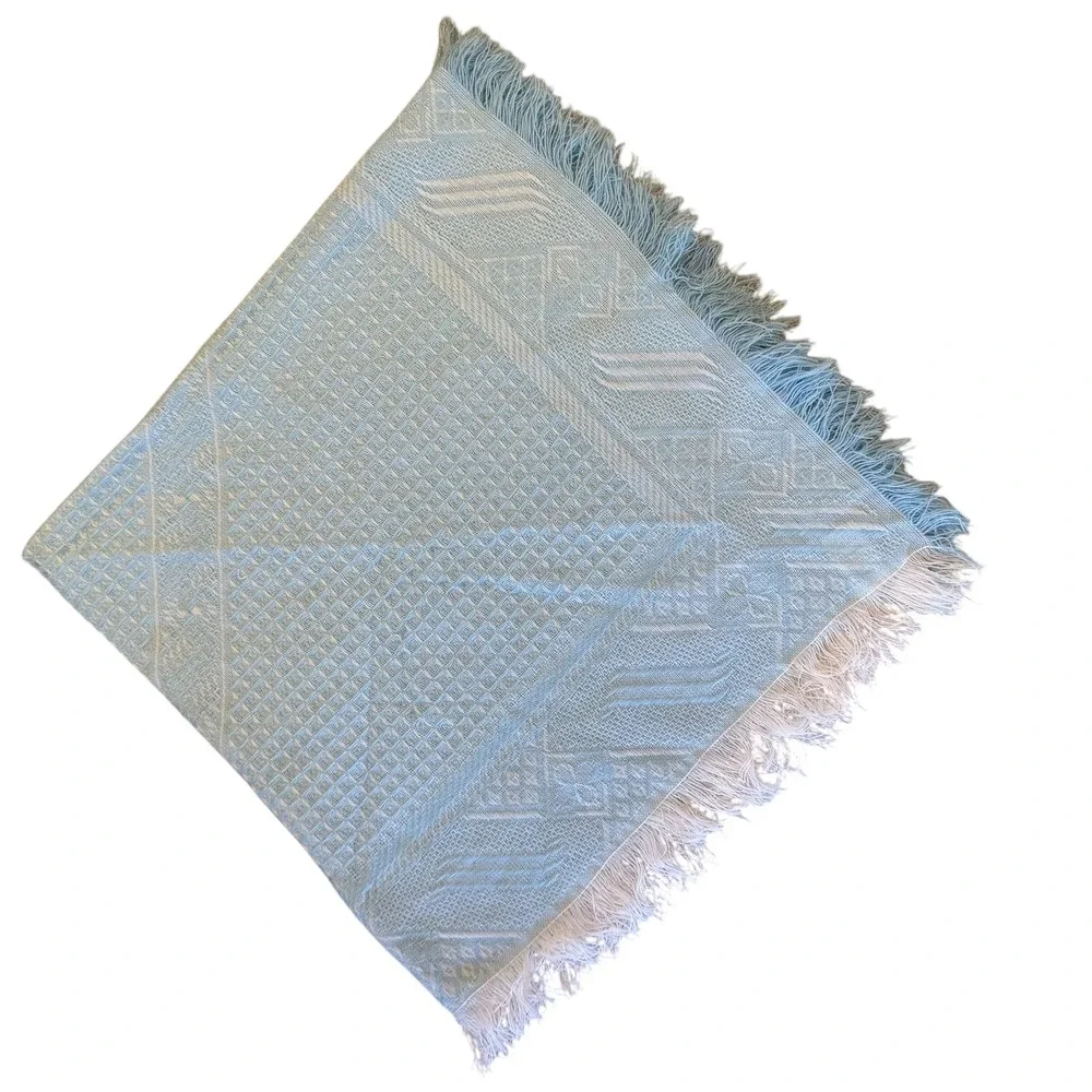 Vintage 1999 Precious Moments Blue Waffle Knit Baby Blanket Fringe Teddy Bear